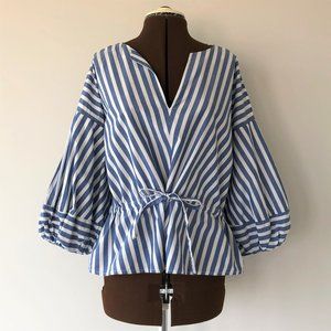 Blue and White Striped Top with Balloon Sleeves